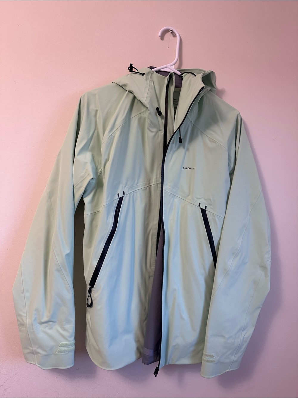 Quechua Mint Green and Gray Waterproof Hooded Rain Jacket - Size L